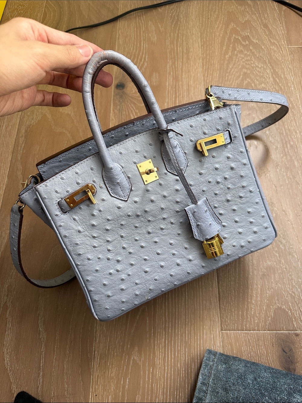 Light Gray Ostrich-Textured Tote Bag with Gold Hardware